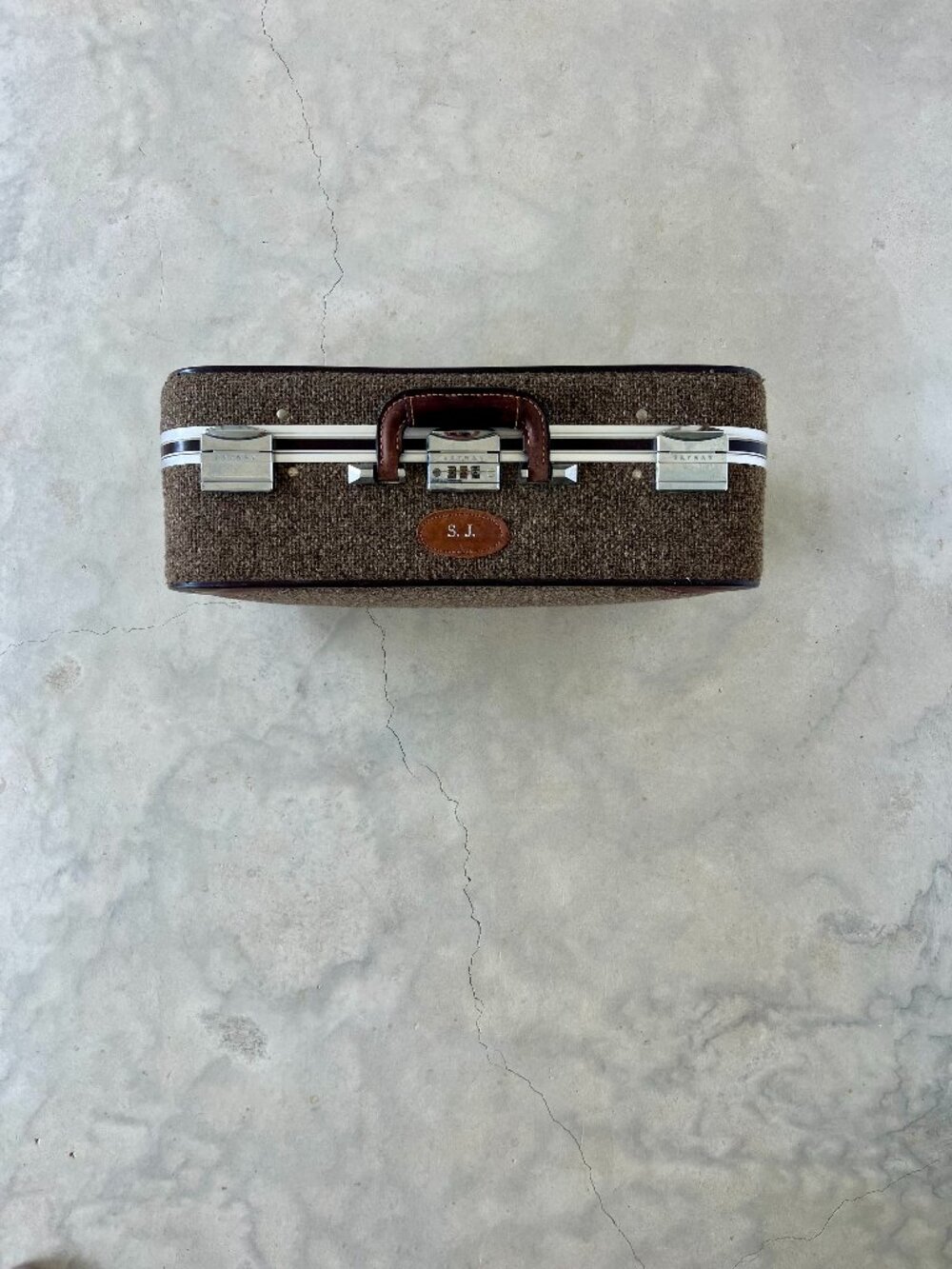 Vintage Skyway Tweed Suitcase 24" Brown Leather Trim MCM Luggage